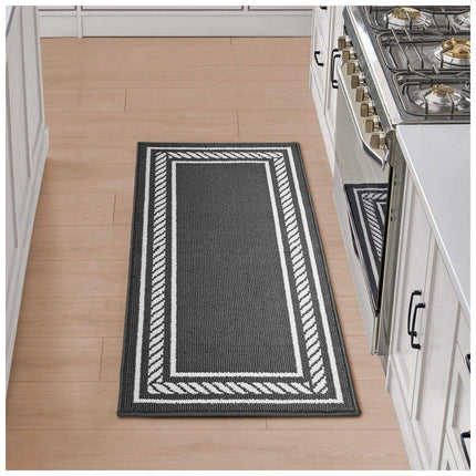 Nautica Washable Skid Resistant Dark Grey/White 2.2 ft. x 5 ft. All Loop Tufted Area Rug