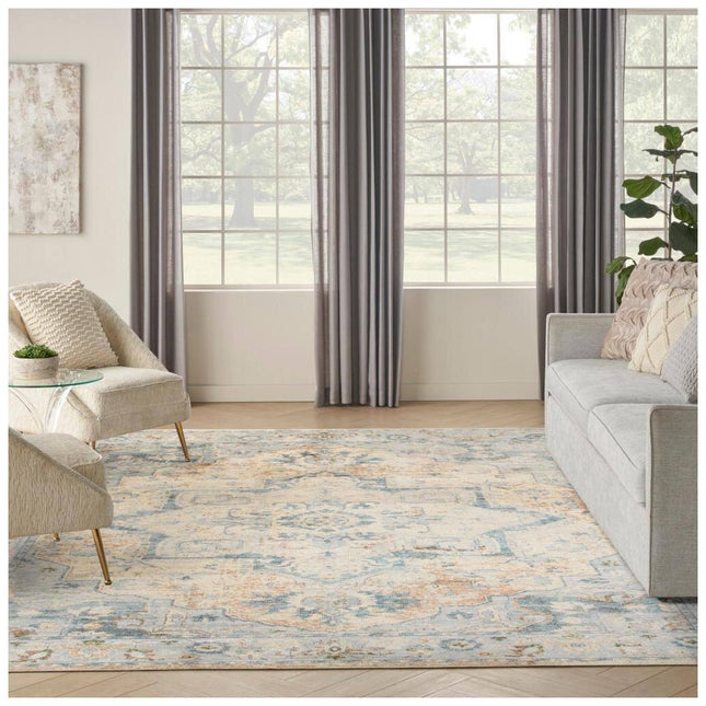 Nourison Astra Machine Washable Beige Blue 9 ft. x 12 ft. Center medallion Traditional Area Rug