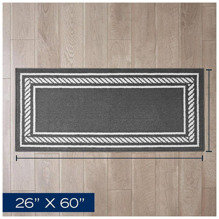 Nautica Washable Skid Resistant Dark Grey/White 2.2 ft. x 5 ft. All Loop Tufted Area Rug