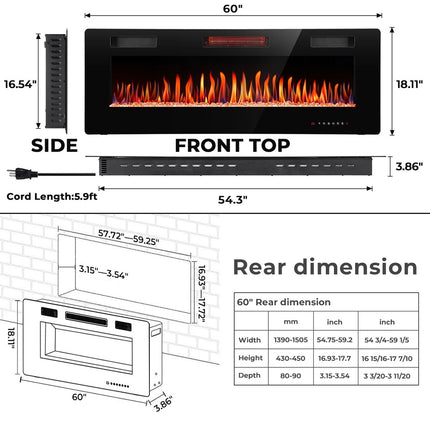 R.W.FLAME 60 in. Wall Mount Low Noise Electric Fireplace with Remote Control and Touch Screen, Multi Color Flame in Black