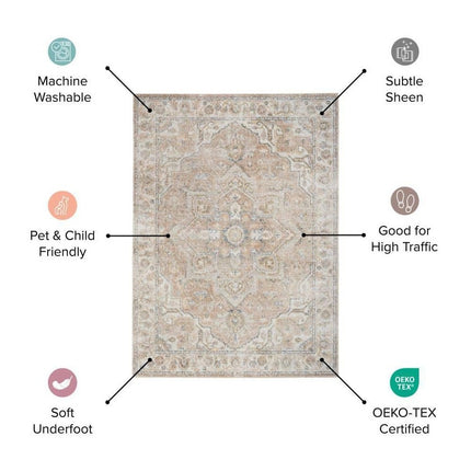 Nourison Astra Machine Washable Beige Blue 9 ft. x 12 ft. Center medallion Traditional Area Rug