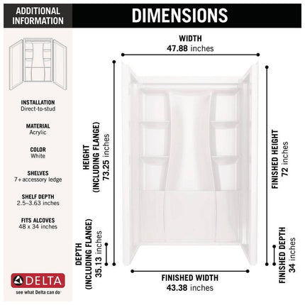 Delta Classic 500 48 in. W x 73.25 in. H x 34 in. D 3-Piece Direct-to-Stud Alcove Shower Surrounds in High Gloss White
