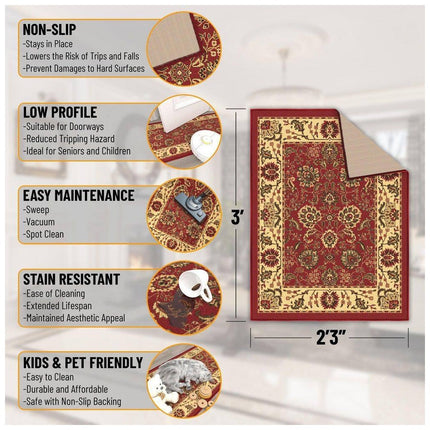 Ottomanson Ottohome Collection Non-Slip Rubberback Oriental Design 2x3 Indoor Entryway Mat, 2 ft. 3 in. x 3 ft., Dark Red