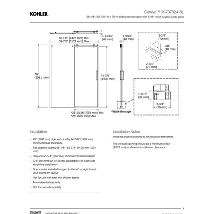 KOHLER Cursiva 56-60 in. W x 78 in. H Sliding Frameless Shower Door in Bright Polished Silver with 5/16 in. Thick Clear Glass