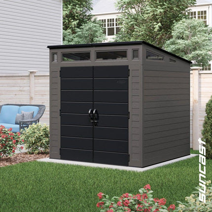 Suncast Modernist 7 ft. W x 7 ft. D Plastic Resin Storage Shed with Floor, 53 sq. ft., in Peppercorn Gray, BMS7780D