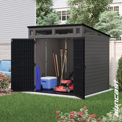 Suncast Modernist 7 ft. W x 7 ft. D Plastic Resin Storage Shed with Floor, 53 sq. ft., in Peppercorn Gray, BMS7780D