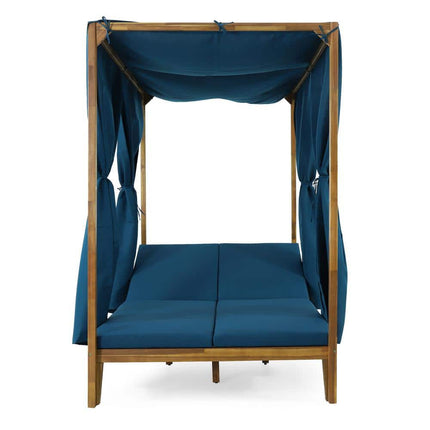 Noble House Muntz Teak Wood Outdoor Patio Day Bed with Blue Cushions